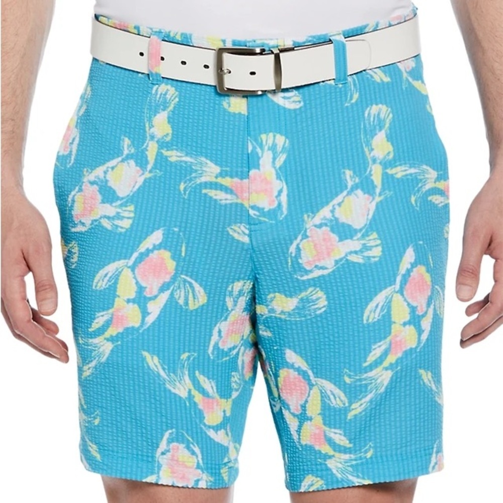 PGA Tour Men 42 Scuba Blue Fish Seersucker Preppy Flat Front Golf Shorts NWT